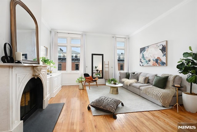 167 Wayne St Unit 407, Jersey City, NJ 07302 - living area featuring crown molding, light wood-style flooring, healthy amount of natural light, and a fireplace with flush hearth