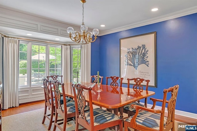76 Wildwood Rd, Ridgewood, NJ 07450 - dining area with a chandelier, wood finished floors, ornamental molding, recessed lighting, and a baseboard heating unit