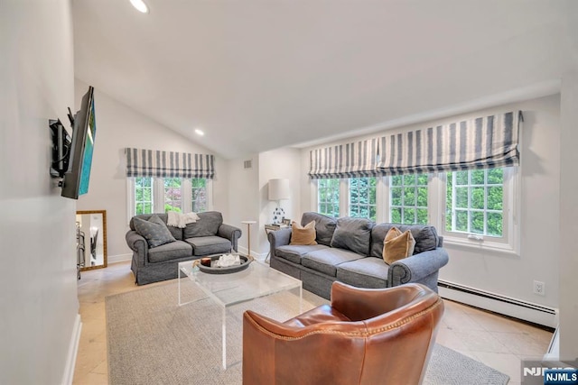 76 Wildwood Rd, Ridgewood, NJ 07450 - living area featuring a baseboard heating unit, light tile patterned floors, recessed lighting, baseboards, and lofted ceiling
