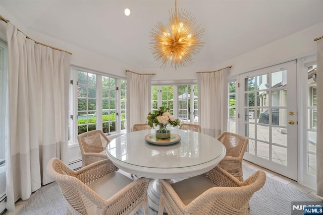 76 Wildwood Rd, Ridgewood, NJ 07450 - sunroom / solarium with french doors, healthy amount of natural light, a chandelier, and baseboard heating