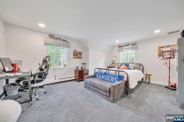 76 Wildwood Rd, Ridgewood, NJ 07450 - bedroom with a desk, baseboards, carpet floors, recessed lighting, and lofted ceiling