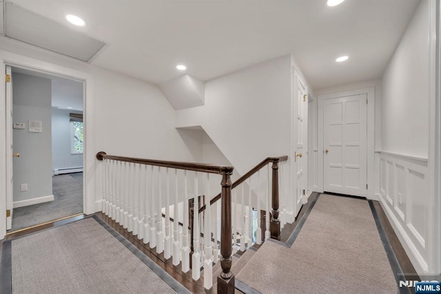 76 Wildwood Rd, Ridgewood, NJ 07450 - corridor featuring an upstairs landing, carpet, recessed lighting, baseboard heating, and attic access