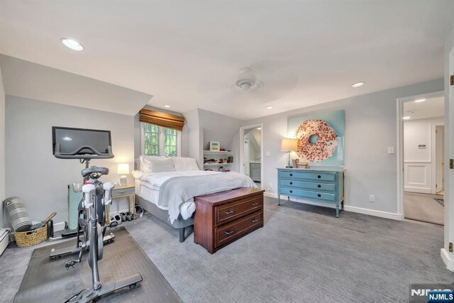 76 Wildwood Rd, Ridgewood, NJ 07450 - bedroom with carpet, recessed lighting, baseboards, ceiling fan, and ensuite bath