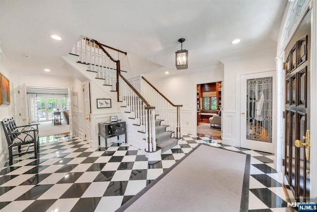 76 Wildwood Rd, Ridgewood, NJ 07450 - foyer entrance with stairs, a decorative wall, recessed lighting, and crown molding