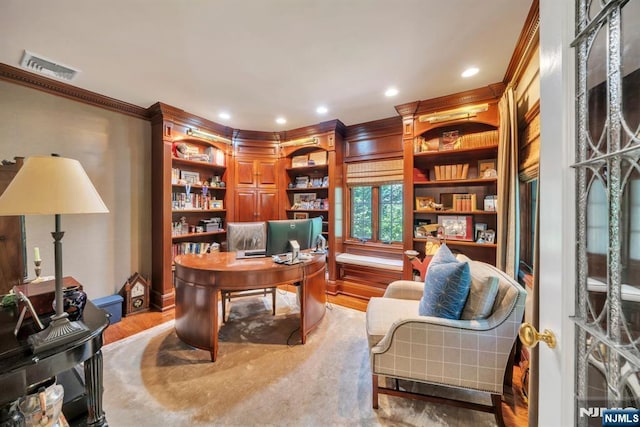 76 Wildwood Rd, Ridgewood, NJ 07450 - home office featuring ornamental molding, wood finished floors, recessed lighting, and baseboards