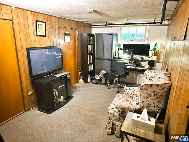 84 Haring St, Bergenfield, NJ 07621 - home office featuring carpet flooring, wood walls, and a textured ceiling