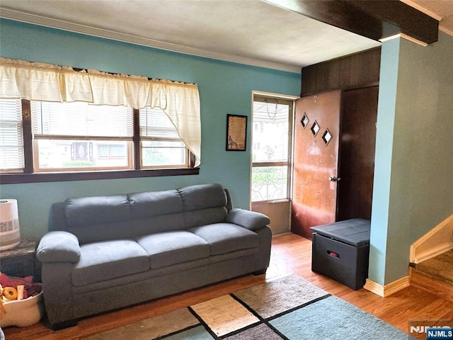 84 Haring St, Bergenfield, NJ 07621 - living room featuring wood finished floors, ornamental molding, and baseboards
