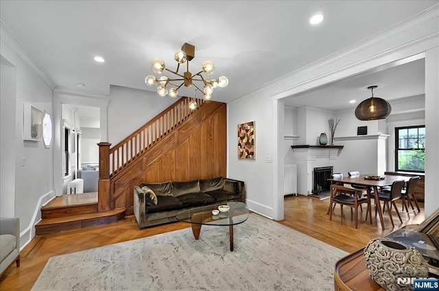 246 Park Ave, Allendale, NJ 07401 - living room featuring radiator, crown molding, baseboards, stairs, and recessed lighting