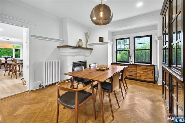 246 Park Ave, Allendale, NJ 07401 - dining space with radiator heating unit, plenty of natural light, a fireplace, crown molding, and recessed lighting
