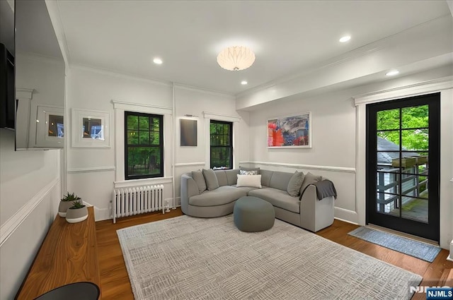 246 Park Ave, Allendale, NJ 07401 - living area featuring radiator heating unit, crown molding, wood finished floors, recessed lighting, and baseboards