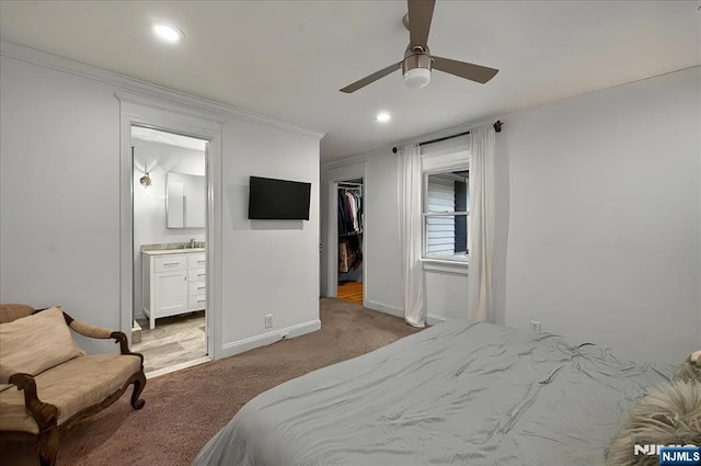 246 Park Ave, Allendale, NJ 07401 - bedroom with light colored carpet, crown molding, recessed lighting, ensuite bath, and baseboards