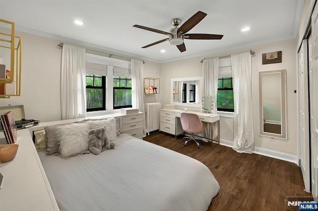 246 Park Ave, Allendale, NJ 07401 - bedroom featuring radiator heating unit, crown molding, dark wood finished floors, recessed lighting, and baseboards