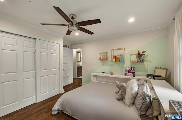 246 Park Ave, Allendale, NJ 07401 - bedroom with crown molding, recessed lighting, dark wood-style flooring, a closet, and ceiling fan