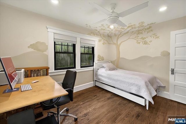 246 Park Ave, Allendale, NJ 07401 - bedroom with wood finished floors, baseboards, a desk, recessed lighting, and ceiling fan