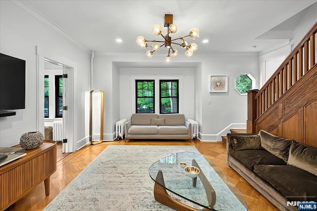 246 Park Ave, Allendale, NJ 07401 - living room featuring crown molding, a chandelier, stairs, radiator heating unit, and baseboards