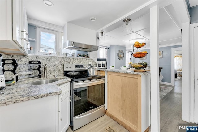 18 Tromp St, Clifton, NJ 07011 - kitchen with electric range, wall chimney exhaust hood, a sink, open shelves, and backsplash
