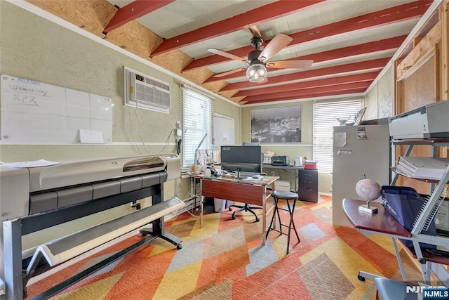 18 Tromp St, Clifton, NJ 07011 - home office featuring a wall unit AC, beamed ceiling, and a ceiling fan