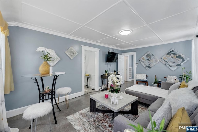 18 Tromp St, Clifton, NJ 07011 - living room with baseboards, concrete flooring, and crown molding