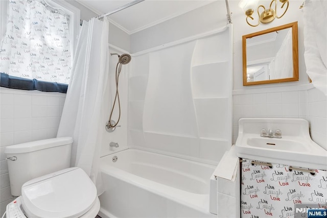 18 Tromp St, Clifton, NJ 07011 - bathroom with tile walls, toilet, shower / bath combination with curtain, and crown molding