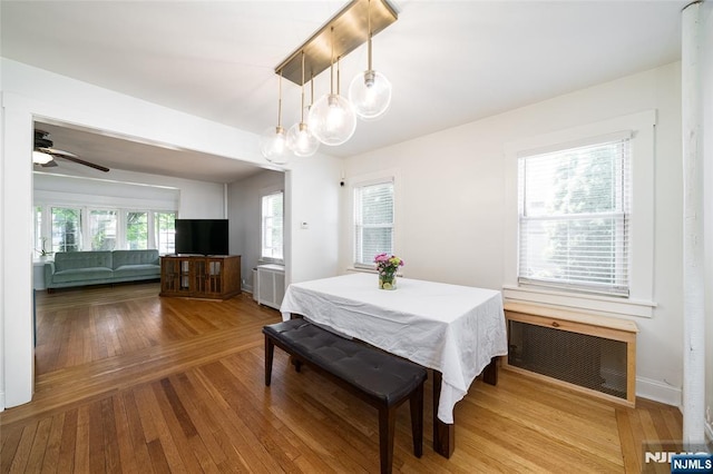 1096 Stasia St, Teaneck, NJ 07666 - dining area with radiator heating unit, hardwood / wood-style floors, and a ceiling fan
