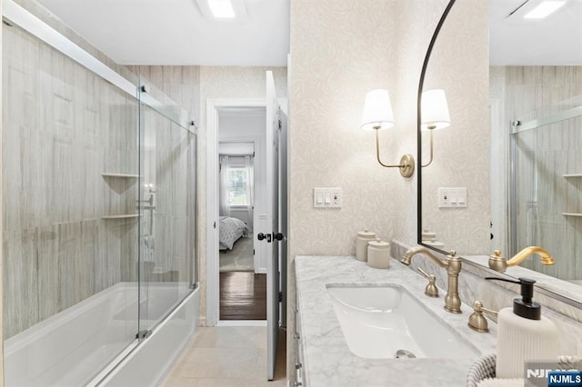 544 Jackson Ave, Twp Of Washington, NJ 07676 - ensuite bathroom with vanity, combined bath / shower with glass door, wallpapered walls, and tile patterned flooring