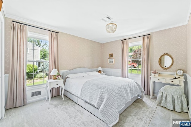 544 Jackson Ave, Twp Of Washington, NJ 07676 - bedroom featuring wallpapered walls, crown molding, multiple windows, carpet, and a chandelier