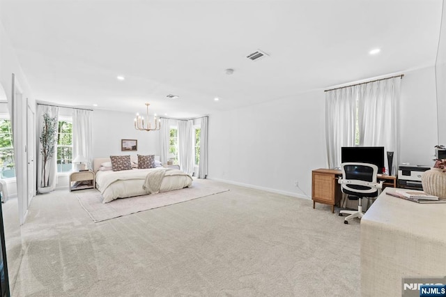 544 Jackson Ave, Twp Of Washington, NJ 07676 - bedroom featuring a desk, a chandelier, access to outside, light carpet, and recessed lighting
