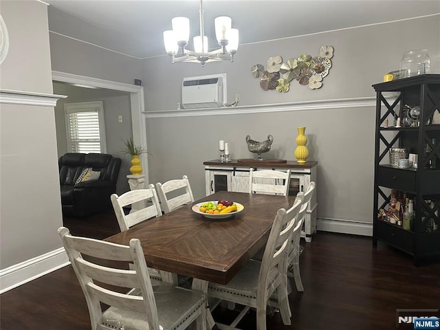 140 Oak St, Paterson, NJ 07501 - dining area with a chandelier, baseboard heating, dark wood finished floors, an AC wall unit, and baseboards