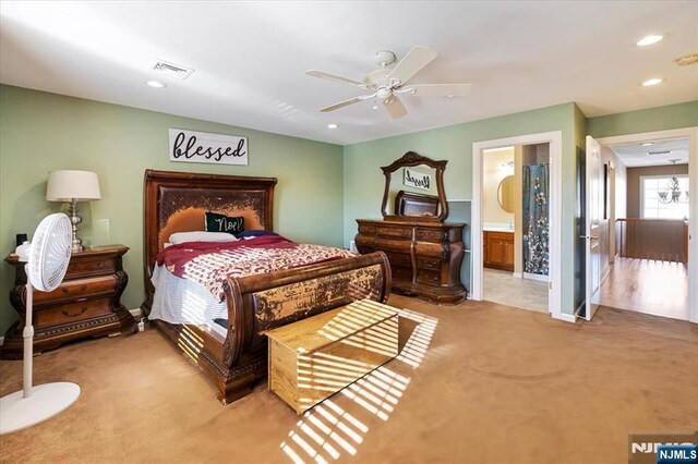 861 Birch St, Perth Amboy, NJ 08861 - bedroom featuring light carpet, recessed lighting, ceiling fan, connected bathroom, and baseboards