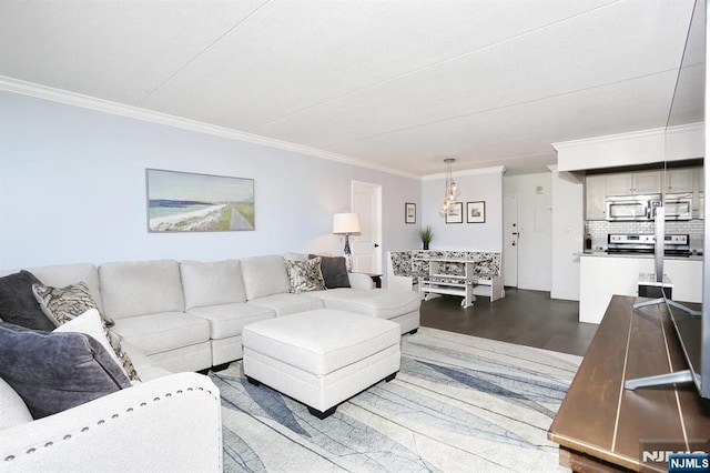250 Gorge Rd Unit 12F, Cliffside Park, NJ 07010 - living room featuring ornamental molding, wood finished floors, and a chandelier