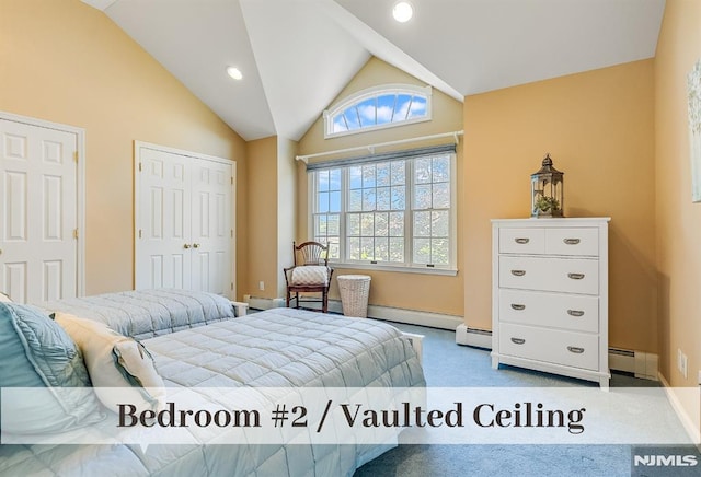 640 E Glen Ave, Ridgewood, NJ 07450 - bedroom featuring vaulted ceiling, carpet, baseboard heating, baseboards, and recessed lighting