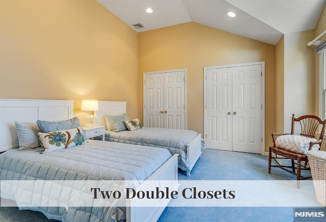 640 E Glen Ave, Ridgewood, NJ 07450 - bedroom featuring carpet, two closets, vaulted ceiling, and recessed lighting