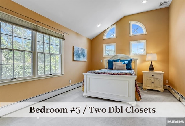 640 E Glen Ave, Ridgewood, NJ 07450 - bedroom with light carpet, vaulted ceiling, a baseboard radiator, baseboards, and recessed lighting