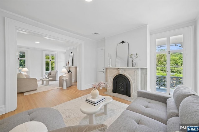249 Valley Rd, Montclair, NJ 07042 - living area featuring wood finished floors, healthy amount of natural light, crown molding, a fireplace, and baseboards