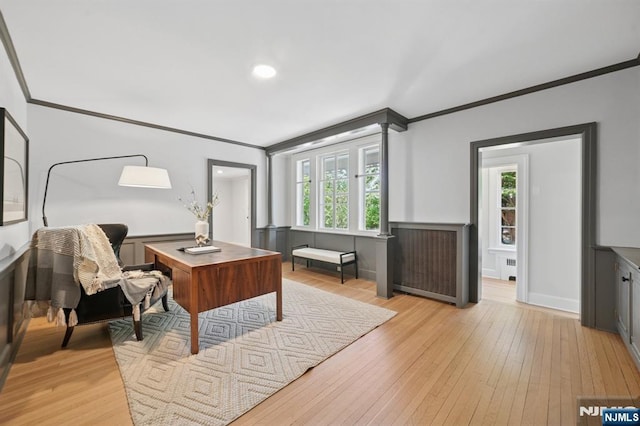 249 Valley Rd, Montclair, NJ 07042 - home office featuring ornamental molding, light wood finished floors, radiator, and baseboards