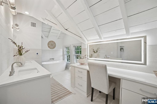 249 Valley Rd, Montclair, NJ 07042 - bathroom featuring tile walls, double vanity, a soaking tub, tile patterned flooring, and wood ceiling