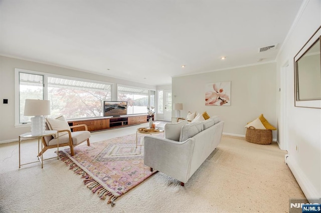 60 Leach Dr, Bloomingdale, NJ 07403 - carpeted living room with ornamental molding, baseboards, and recessed lighting