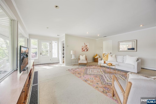 60 Leach Dr, Bloomingdale, NJ 07403 - carpeted living room with ornamental molding, baseboards, and recessed lighting