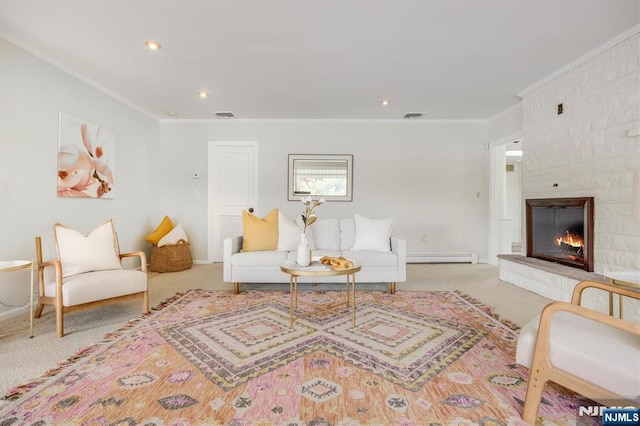 60 Leach Dr, Bloomingdale, NJ 07403 - living area featuring carpet flooring, crown molding, a baseboard heating unit, a fireplace, and recessed lighting