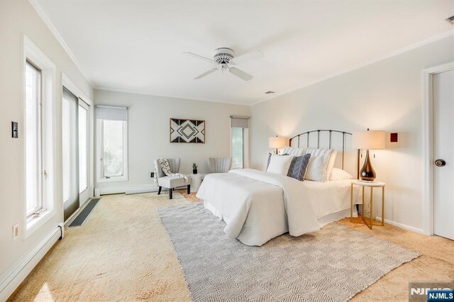 60 Leach Dr, Bloomingdale, NJ 07403 - bedroom with carpet floors, multiple windows, baseboard heating, baseboards, and crown molding