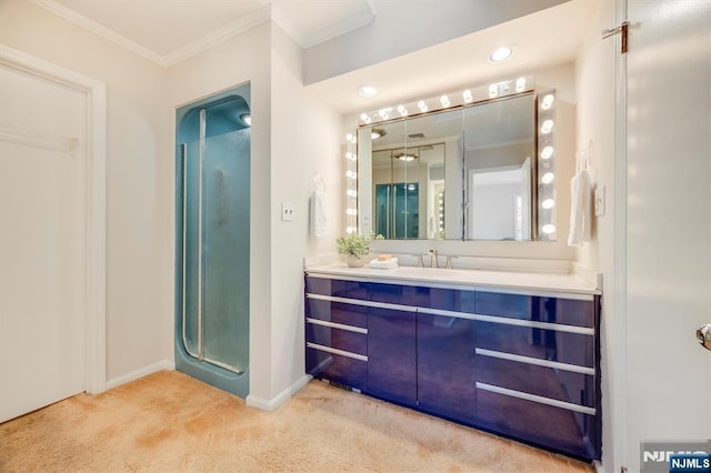 60 Leach Dr, Bloomingdale, NJ 07403 - full bathroom with vanity, ornamental molding, baseboards, and a stall shower