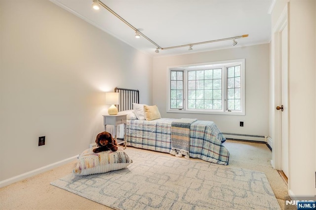 60 Leach Dr, Bloomingdale, NJ 07403 - carpeted bedroom featuring ornamental molding, track lighting, a baseboard radiator, and baseboards