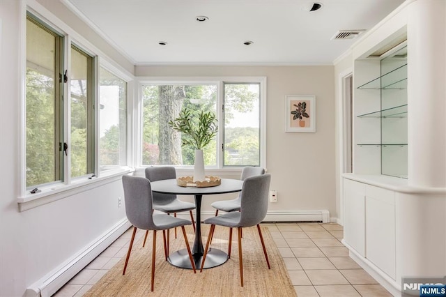60 Leach Dr, Bloomingdale, NJ 07403 - dining room featuring a baseboard radiator, light tile patterned floors, plenty of natural light, and crown molding