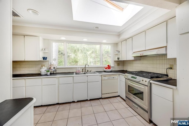 60 Leach Dr, Bloomingdale, NJ 07403 - kitchen with white dishwasher, a sink, gas range oven, open shelves, and crown molding
