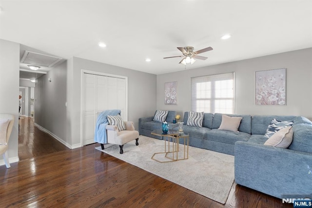 97 Avenue Ave, Lodi, NJ 07644 - living area featuring attic access, ceiling fan, wood finished floors, baseboards, and recessed lighting