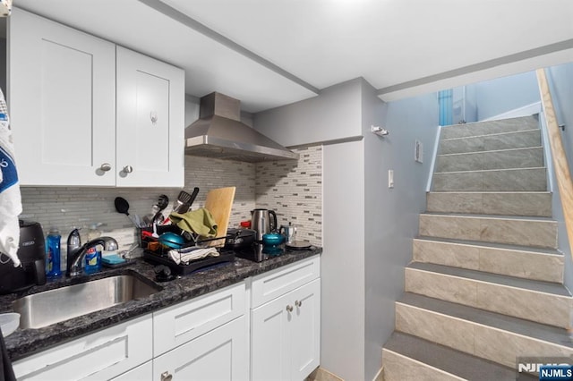 97 Avenue Ave, Lodi, NJ 07644 - kitchen featuring wall chimney exhaust hood, a sink, backsplash, and white cabinets