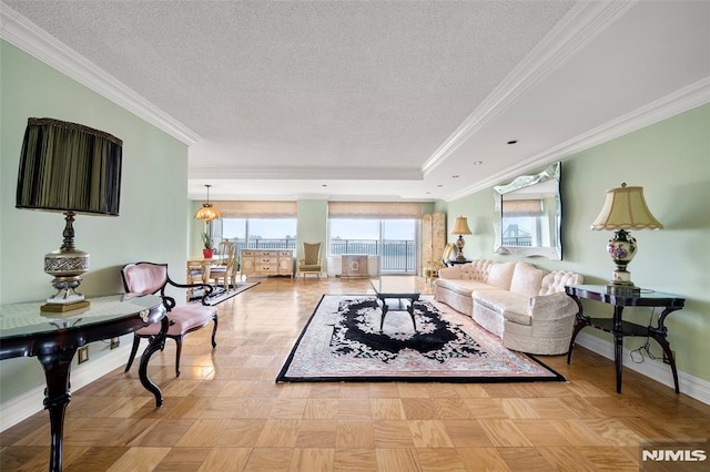 1530 Palisade Ave Unit 8R, Fort Lee, NJ 07024 - living room with a textured ceiling, crown molding, baseboards, and a raised ceiling