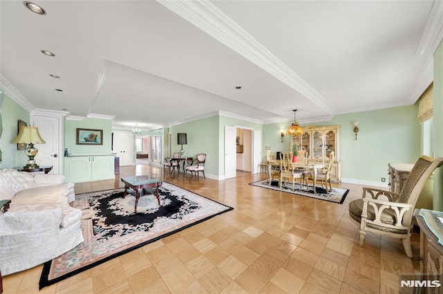 1530 Palisade Ave Unit 8R, Fort Lee, NJ 07024 - living room featuring a chandelier, ornamental molding, baseboards, and recessed lighting