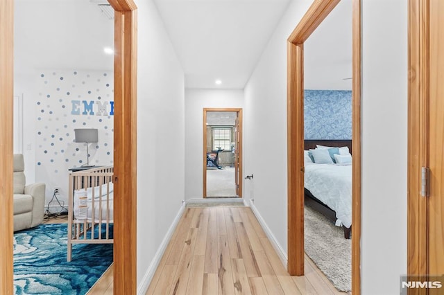 4 Kimberly Way, River Edge, NJ 07661 - hallway featuring light wood finished floors, baseboards, wallpapered walls, and recessed lighting
