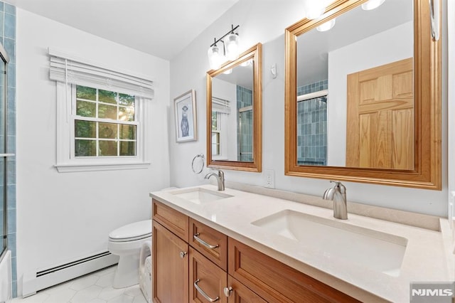 4 Kimberly Way, River Edge, NJ 07661 - bathroom featuring a baseboard heating unit, double vanity, toilet, a shower with door, and tile patterned flooring